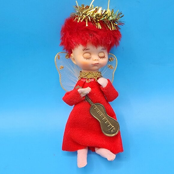 Vintage 1950s Napco Red Hair Pixie Angel Ornament Felt Elf Japan Tinsel Guitar - Picture 2 of 9